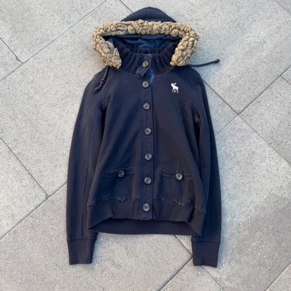 Abercrombie & Fitch Navy Blue Faux Fur Trim Hooded Button Cardigan Jacket Large